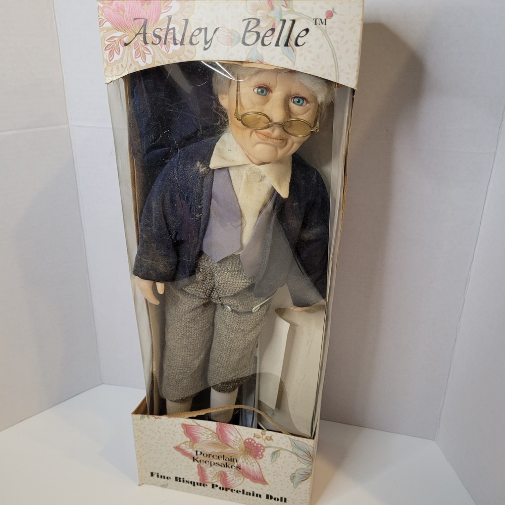 Ashley Belle Porcelain Keepsakes Fine Bisque Doll Elderly Man with Glasses Box